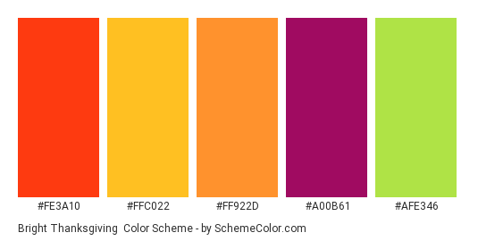 Bright Thanksgiving - Color scheme palette thumbnail - #fe3a10 #ffc022 #ff922d #a00b61 #afe346 