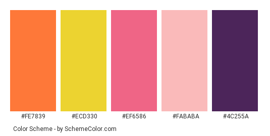 Floral Beads for Girls - Color scheme palette thumbnail - #fe7839 #ecd330 #ef6586 #fababa #4c255a 