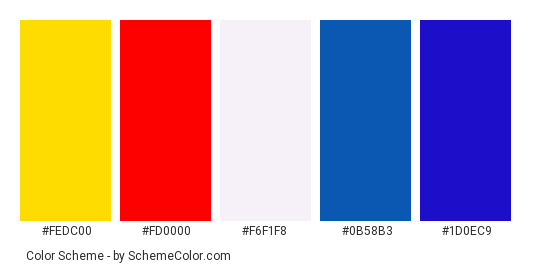 Color Me Over - Color scheme palette thumbnail - #fedc00 #fd0000 #f6f1f8 #0b58b3 #1d0ec9 