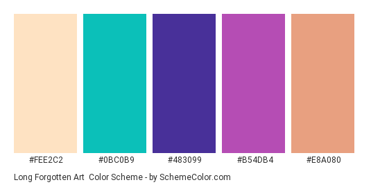 Long Forgotten Art - Color scheme palette thumbnail - #fee2c2 #0bc0b9 #483099 #b54db4 #e8a080 