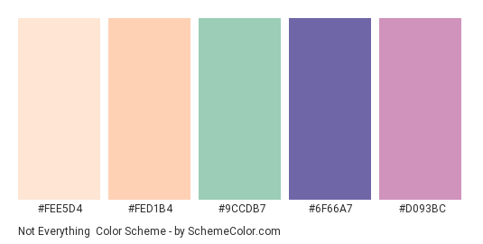 Not Everything - Color scheme palette thumbnail - #fee5d4 #fed1b4 #9ccdb7 #6f66a7 #d093bc 