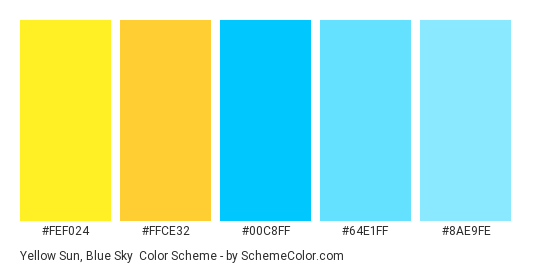 Yellow Sun, Blue Sky - Color scheme palette thumbnail - #fef024 #ffce32 #00c8ff #64e1ff #8ae9fe 