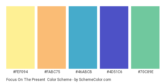 Focus on the Present - Color scheme palette thumbnail - #fef094 #fabc75 #46abcb #4d51c6 #70c89e 