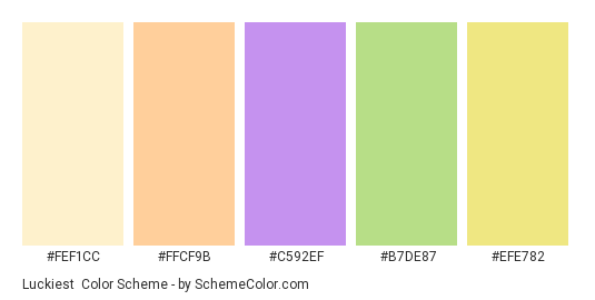 Luckiest - Color scheme palette thumbnail - #fef1cc #ffcf9b #c592ef #b7de87 #efe782 