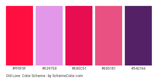 Old love - Color scheme palette thumbnail - #ff0f3f #e397e8 #e80c51 #e85181 #542166 