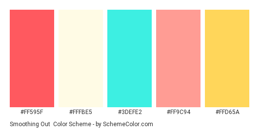 Smoothing Out - Color scheme palette thumbnail - #ff595f #fffbe5 #3defe2 #ff9c94 #ffd65a 