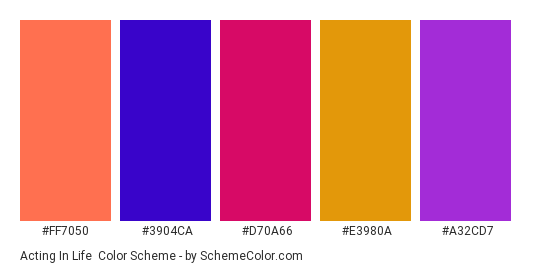 Acting in Life - Color scheme palette thumbnail - #ff7050 #3904ca #d70a66 #e3980a #a32cd7 