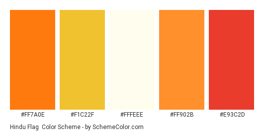 Hindu Flag - Color scheme palette thumbnail - #ff7a0e #f1c22f #fffeee #ff902b #e93c2d 