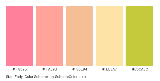 Start Early - Color scheme palette thumbnail - #ff809b #ffa39b #f5be94 #fee3a7 #c5ca3c 