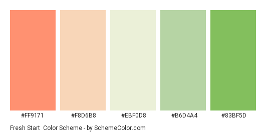 Fresh Start - Color scheme palette thumbnail - #ff9171 #f8d6b8 #ebf0d8 #b6d4a4 #83bf5d 