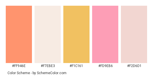 Tea Time - Color scheme palette thumbnail - #ff946e #f7ebe3 #f1c161 #fd9eb6 #f2d6d1 