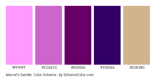 Marvel’s Gambit - Color scheme palette thumbnail - #ff99ff #cc66cc #660066 #330066 #D2B48C 