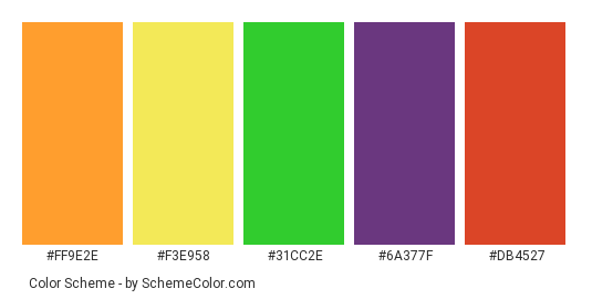 Colorful Skittles - Color scheme palette thumbnail - #ff9e2e #f3e958 #31cc2e #6a377f #db4527 