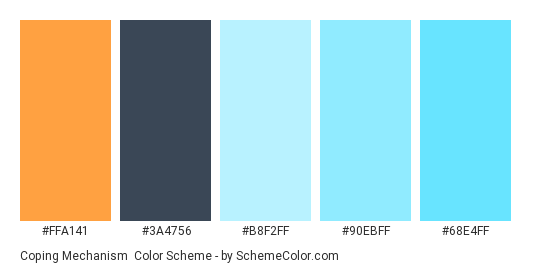 Coping Mechanism - Color scheme palette thumbnail - #ffa141 #3a4756 #b8f2ff #90ebff #68e4ff 