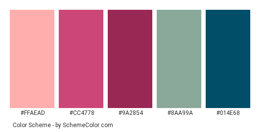 Faded Love - Color scheme palette thumbnail - #ffaead #cc4778 #9a2854 #8aa99a #014e68 