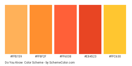 Do You Know - Color scheme palette thumbnail - #ffb159 #ff8f2f #ff6038 #e84523 #ffc630 