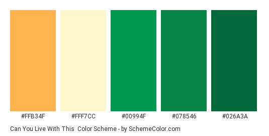 Can You Live With This - Color scheme palette thumbnail - #ffb34f #fff7cc #00994f #078546 #026a3a 