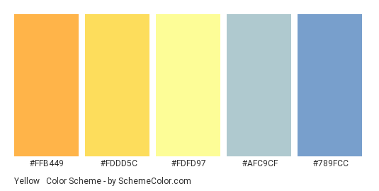 Yellow & Pastels - Color scheme palette thumbnail - #ffb449 #fddd5c #fdfd97 #afc9cf #789fcc 