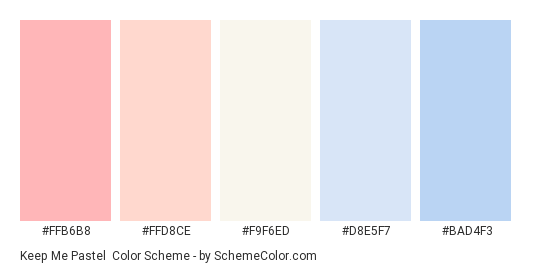 Keep Me Pastel - Color scheme palette thumbnail - #ffb6b8 #ffd8ce #F9F6ED #d8e5f7 #bad4f3 