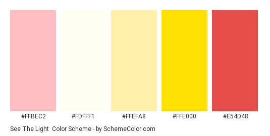 See the Light - Color scheme palette thumbnail - #ffbec2 #fdfff1 #ffefa8 #ffe000 #e54d48 