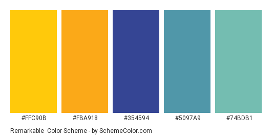 Remarkable - Color scheme palette thumbnail - #ffc90b #fba918 #354594 #5097a9 #74bdb1 