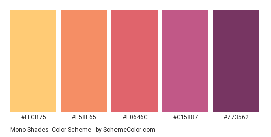 Mono Shades - Color scheme palette thumbnail - #ffcb75 #f58e65 #e0646c #C15887 #773562 