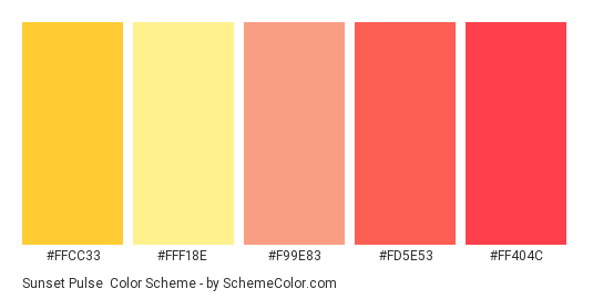 Sunset Pulse - Color scheme palette thumbnail - #ffcc33 #fff18e #f99e83 #fd5e53 #FF404C 