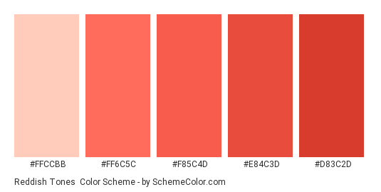 Reddish Tones - Color scheme palette thumbnail - #ffccbb #ff6c5c #f85c4d #e84c3d #d83c2d 