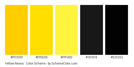 Yellow Neons & Black - Color scheme palette thumbnail - #ffcd00 #ffde00 #fff43d #181818 #020202 