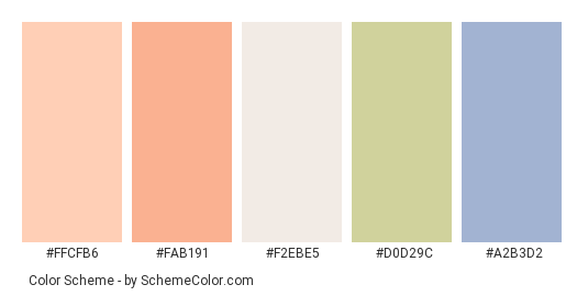 Sleeping Eggs - Color scheme palette thumbnail - #ffcfb6 #fab191 #f2ebe5 #d0d29c #a2b3d2 
