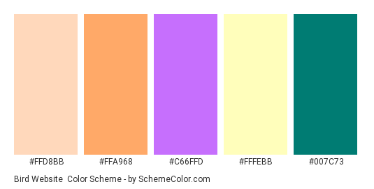 Bird Website - Color scheme palette thumbnail - #ffd8bb #ffa968 #c66ffd #fffebb #007c73 