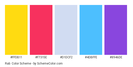 Rab - Color scheme palette thumbnail - #ffdb11 #f7315e #d1dcf2 #4dbffe #8946de 