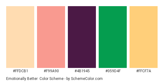 Emotionally Better - Color scheme palette thumbnail - #ffdcb1 #f99a90 #4b1945 #059d4f #ffcf7a 