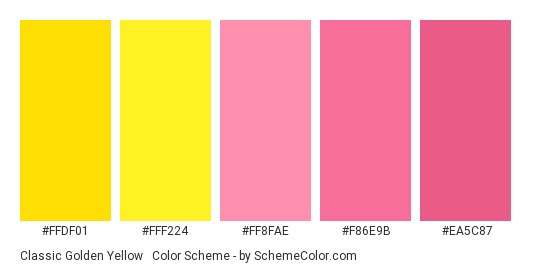Classic Golden Yellow & Pink - Color scheme palette thumbnail - #ffdf01 #fff224 #ff8fae #f86e9b #ea5c87 
