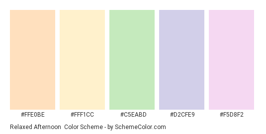 Relaxed Afternoon - Color scheme palette thumbnail - #ffe0be #fff1cc #c5eabd #d2cfe9 #f5d8f2 