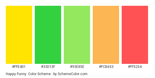Happy Funny - Color scheme palette thumbnail - #ffe401 #33D13F #93E85E #FCB653 #FF5254 