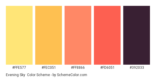 Evening Sky - Color scheme palette thumbnail - #ffe577 #fec051 #ff8866 #fd6051 #392033 