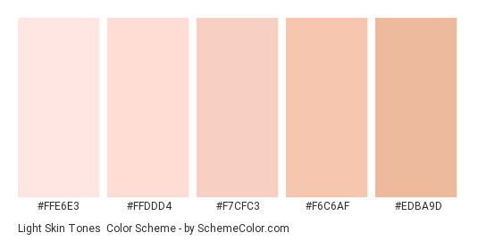 Light Skin Tones - Color scheme palette thumbnail - #ffe6e3 #ffddd4 #f7cfc3 #f6c6af #edba9d 