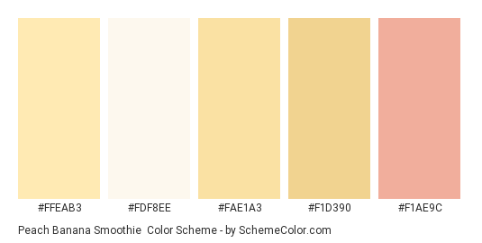 Peach Banana Smoothie - Color scheme palette thumbnail - #ffeab3 #fdf8ee #fae1a3 #f1d390 #f1ae9c 