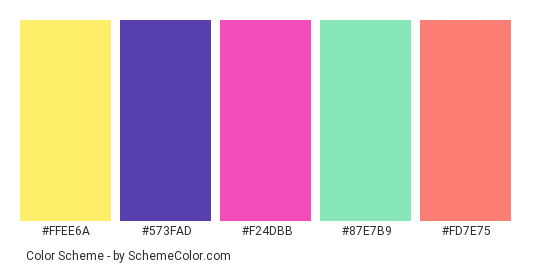 Display of Colors - Color scheme palette thumbnail - #ffee6a #573fad #f24dbb #87e7b9 #fd7e75 