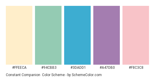 Constant Companion - Color scheme palette thumbnail - #ffeeca #94CBB3 #3DADD1 #A47DB0 #F8C3C8 