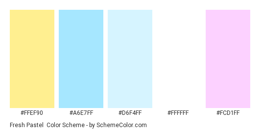Fresh Pastel - Color scheme palette thumbnail - #ffef90 #a6e7ff #d6f4ff #ffffff #fcd1ff 