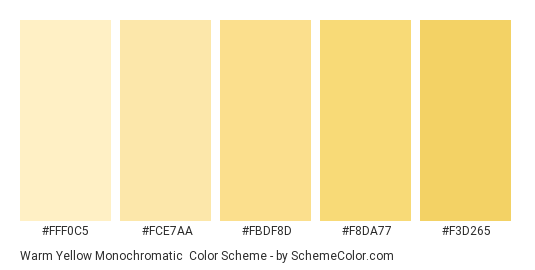 Warm Yellow Monochromatic - Color scheme palette thumbnail - #fff0c5 #fce7aa #fbdf8d #f8da77 #f3d265 