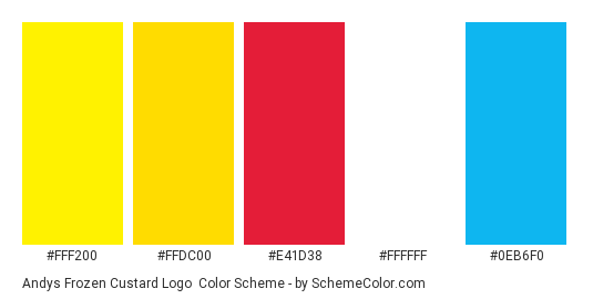 Andys Frozen Custard Logo - Color scheme palette thumbnail - #fff200 #ffdc00 #e41d38 #ffffff #0eb6f0 