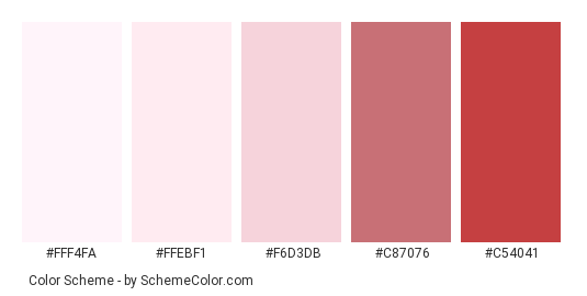 Dedicated To You - Color scheme palette thumbnail - #fff4fa #ffebf1 #f6d3db #c87076 #c54041 