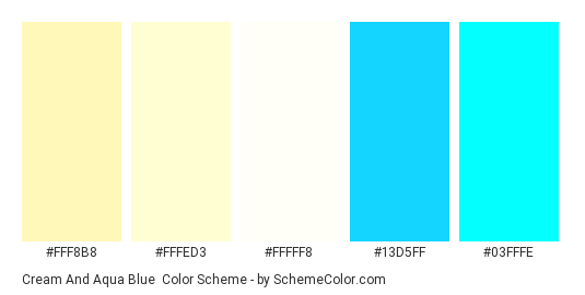 Cream and Aqua Blue - Color scheme palette thumbnail - #fff8b8 #fffed3 #fffff8 #13d5ff #03fffe 