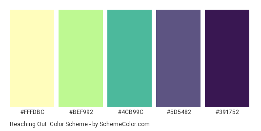 Reaching Out - Color scheme palette thumbnail - #fffdbc #BEF992 #4CB99C #5d5482 #391752 