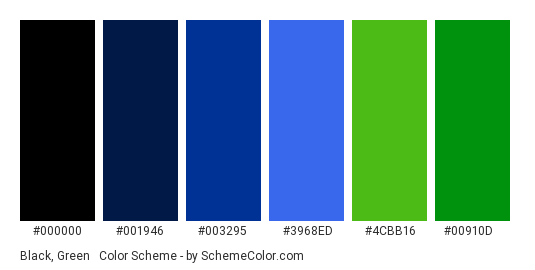 Black, Green & Blue - Color scheme palette thumbnail - #000000 #001946 #003295 #3968ed #4cbb16 #00910d 