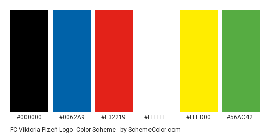 FC Viktoria Plzeň Logo - Color scheme palette thumbnail - #000000 #0062a9 #e32219 #ffffff #ffed00 #56ac42 