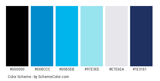 Blue Wren - Color scheme palette thumbnail - #000000 #008CCC #00B5EB #97E3EE #E7E6EA #1E3161 
